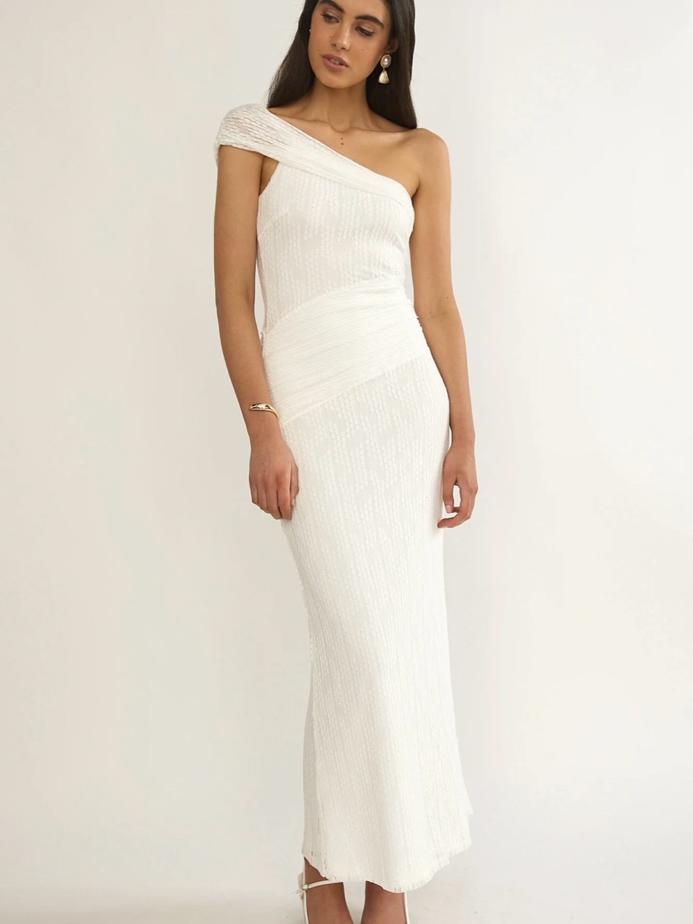 Gala One-Shoulder Textured Maxi Dress White